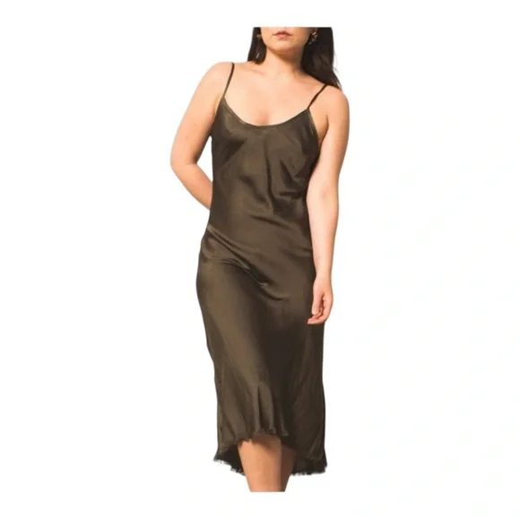 olive green midi slip dress Olive Green Recycled Silk Midi Slip Dress – InFlair